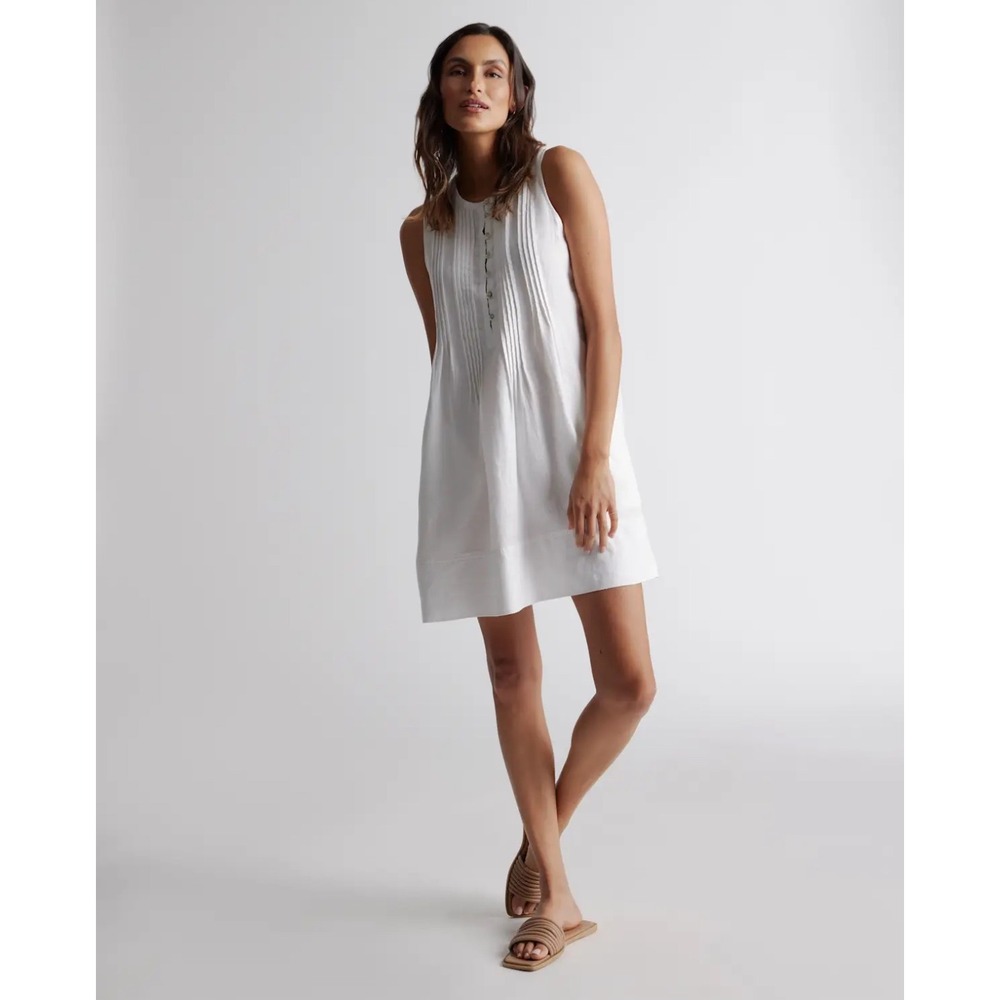 Quince Womens Sz M 100% Linen White‎ Pintuck Tunic Dress Sleeveless Swing Casual
